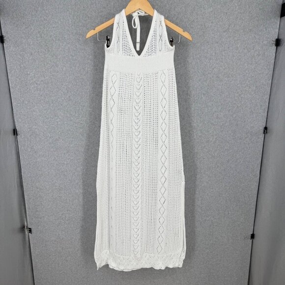 Unbranded Open Knit Crochet Maxi Dress Cover Up Size M White Sheer Beachy Casual - Picture 1 of 11
